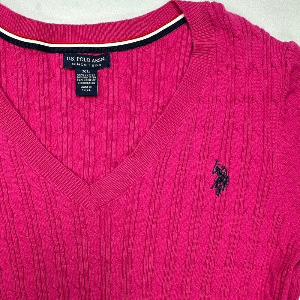 US Polo Assn Womens XL Hot Pink‎ Cable Knit V-Neck Sweater 1022C Long Sleeve